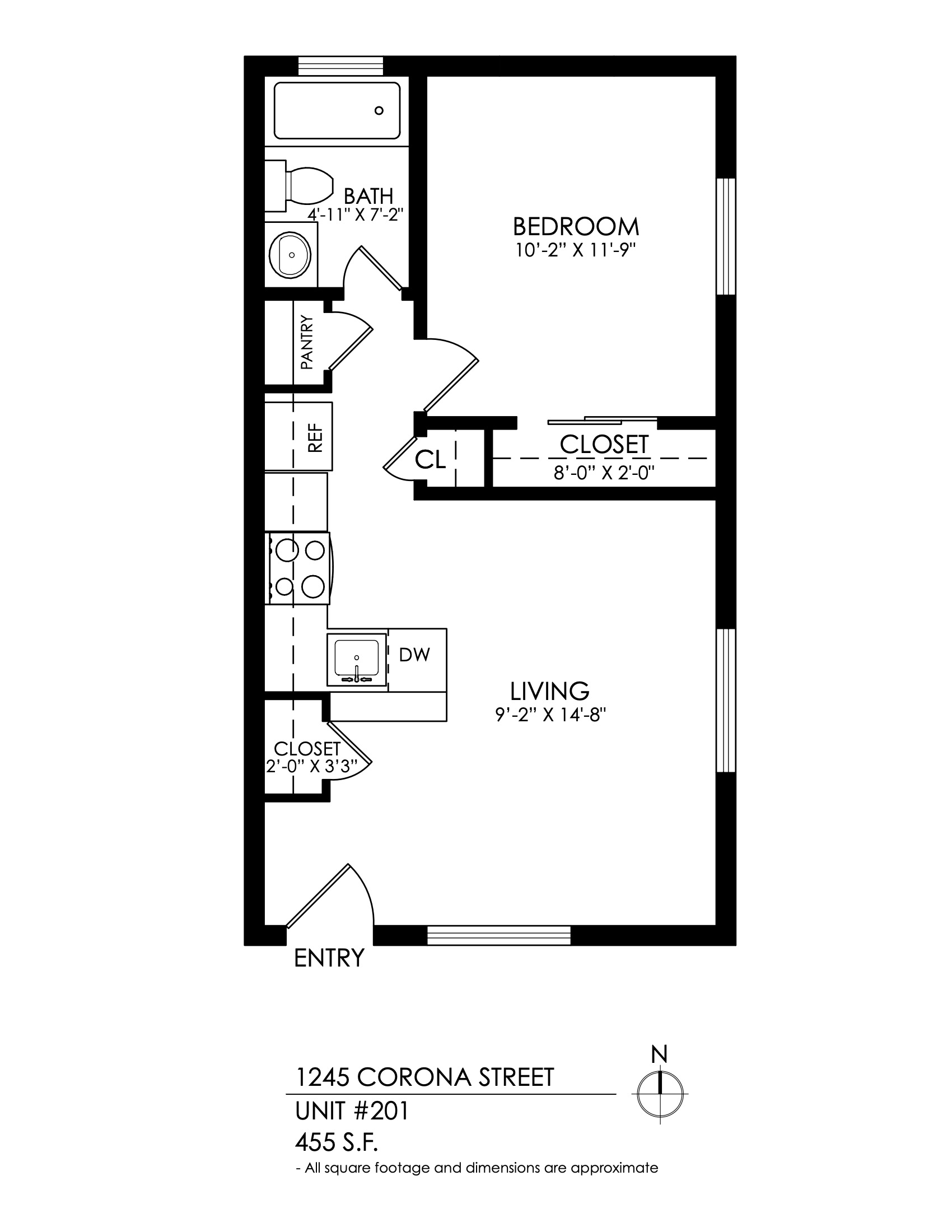 Floor plan for 1 bed, 1 bath, 455 sqft